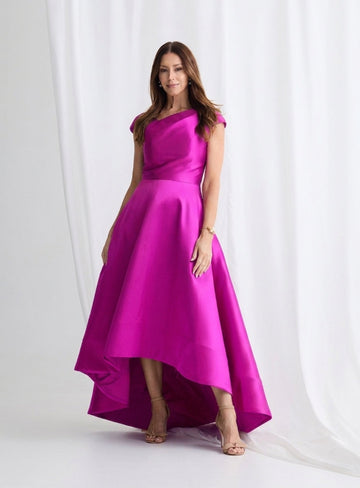 Formal hi lo V back dress chocolate cap sleeve

