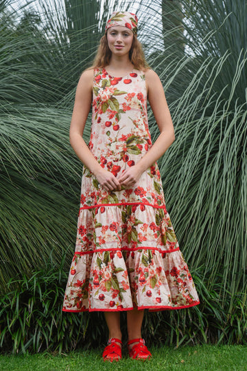 Cherry Floral Print Sleeveless Midi Dress