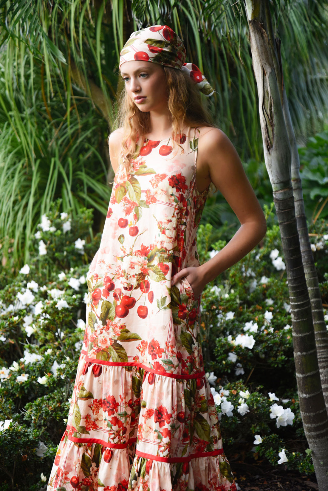 Cherry Floral Print Sleeveless Midi Dress