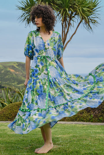 Blue Hydrangea Floral Print Maxi Dress
