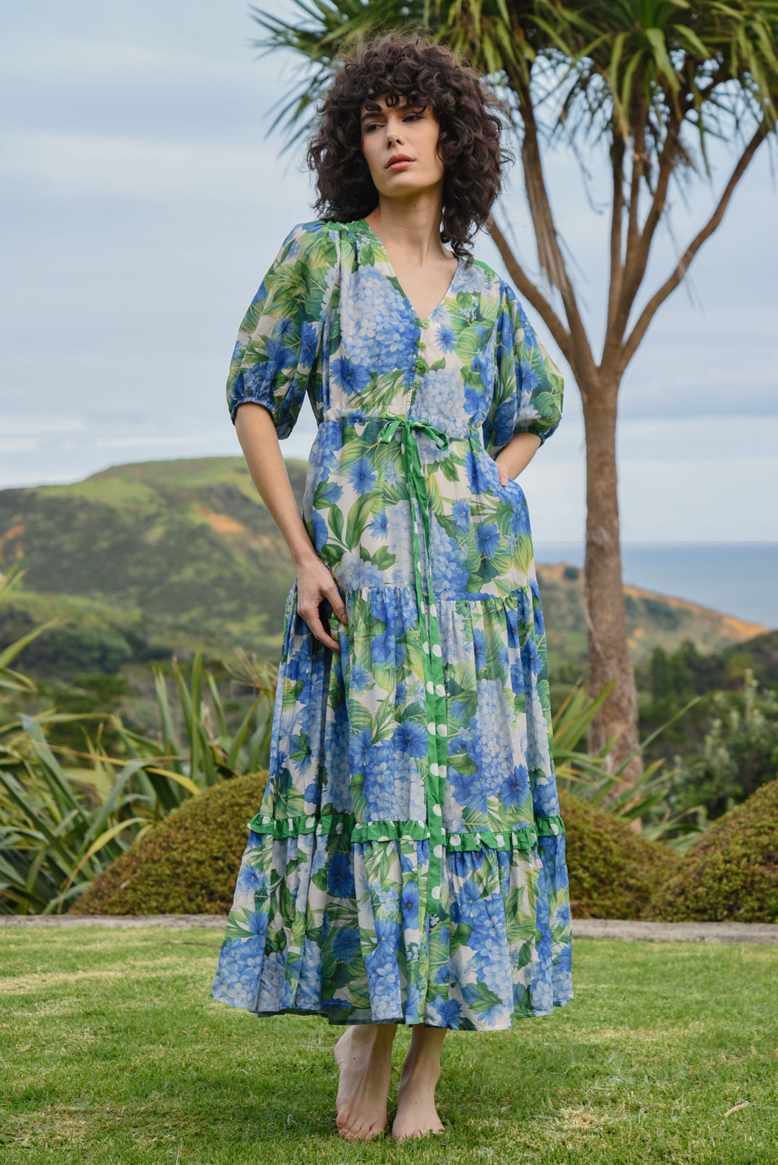 Blue Hydrangea Floral Print Maxi Dress