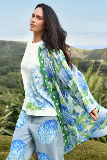 Blue Hydrangea Floral Print Button-Up Shirt