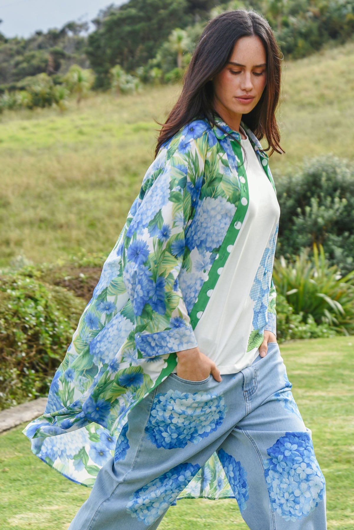 Blue Hydrangea Floral Print Button-Up Shirt