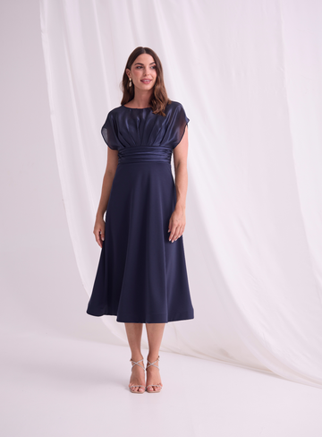 Navy cap sleeve midi dress with pleated waist.