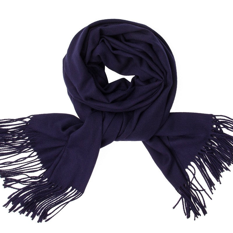 Navy cashmere scarf with classic fringe detailing for women