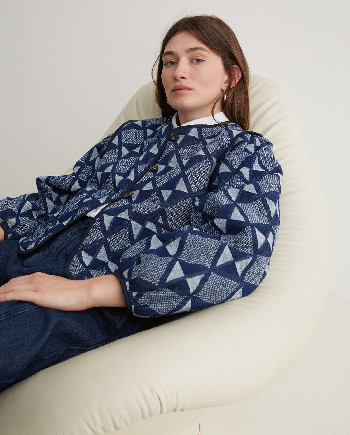Indigo Blue Jacquard Cotton Jacket | Women’s Structured Jacket Australia