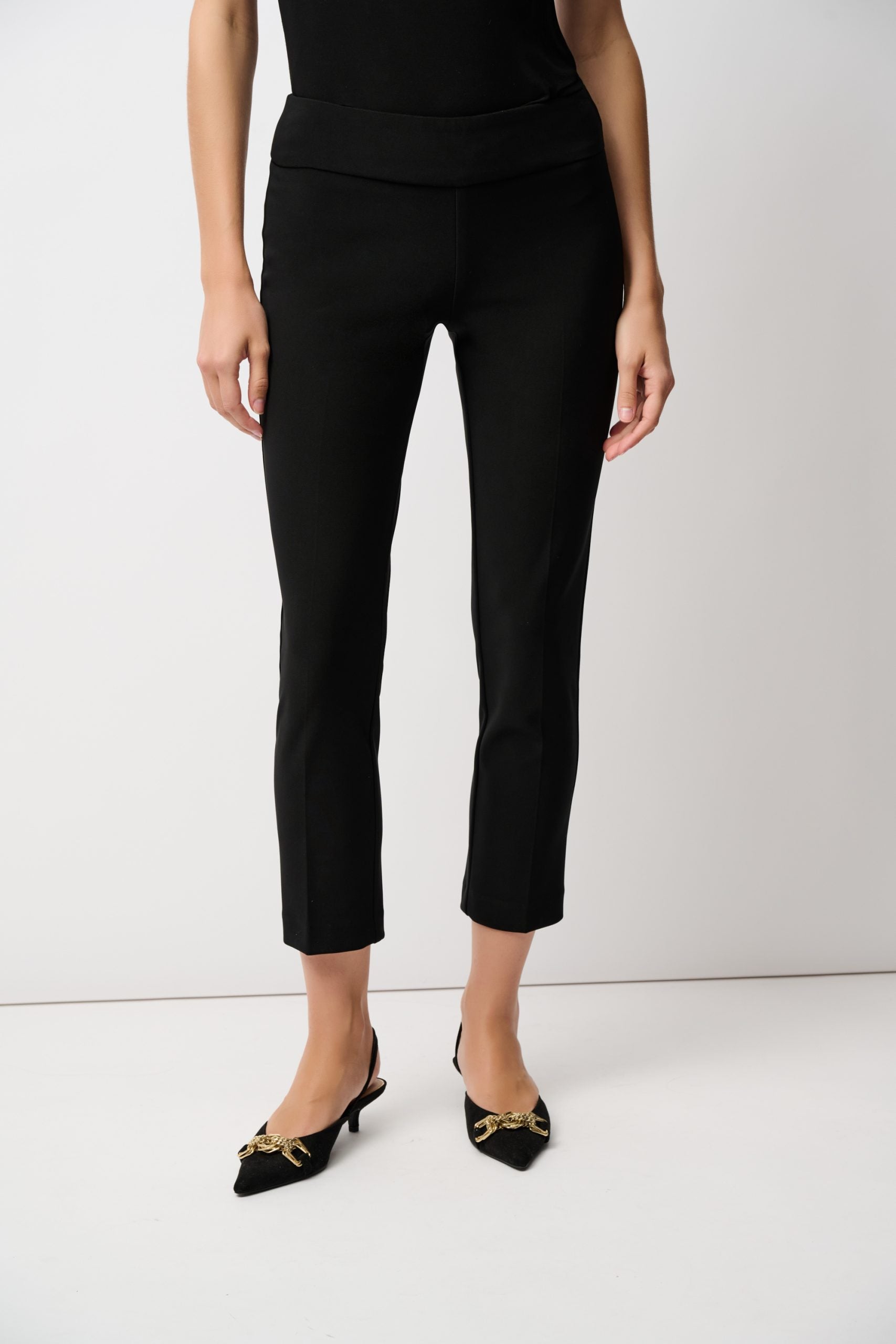 Black cropped slim fit pants front view
