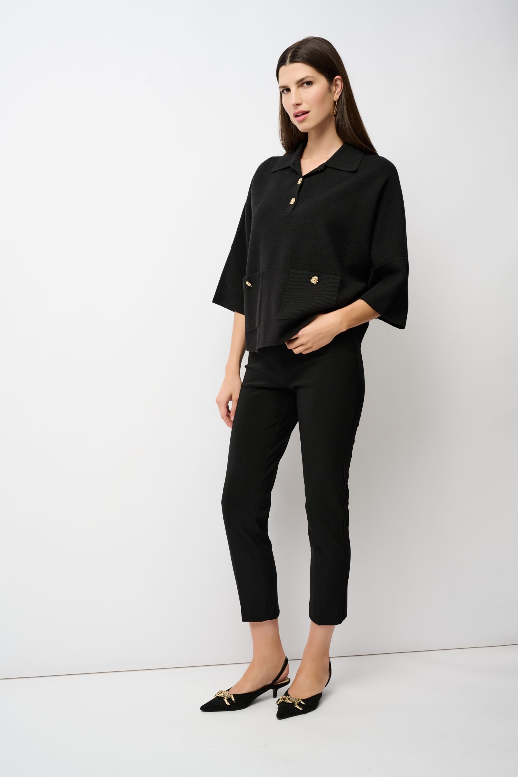 Black cropped pants styled with black top