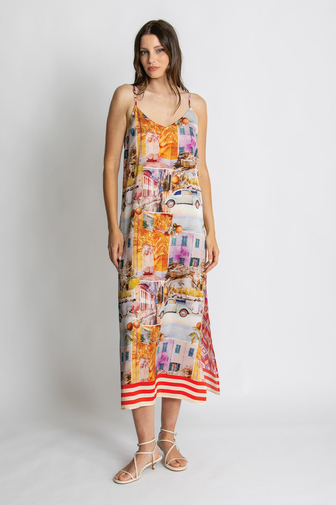 Colourful Mediterranean print strappy midi dress.