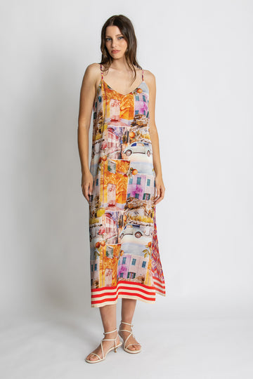 Colourful Mediterranean print strappy midi dress.