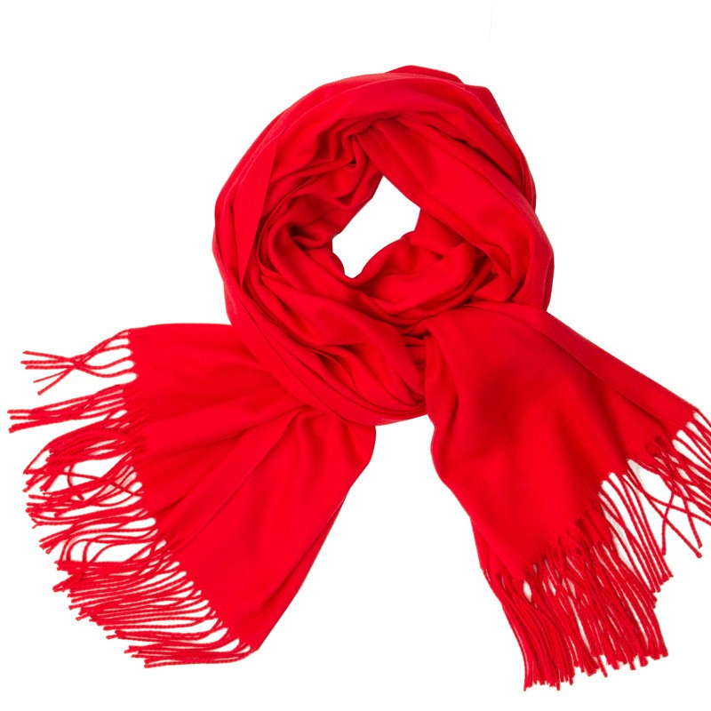 Bright red cashmere scarf with elegant fringed border styling