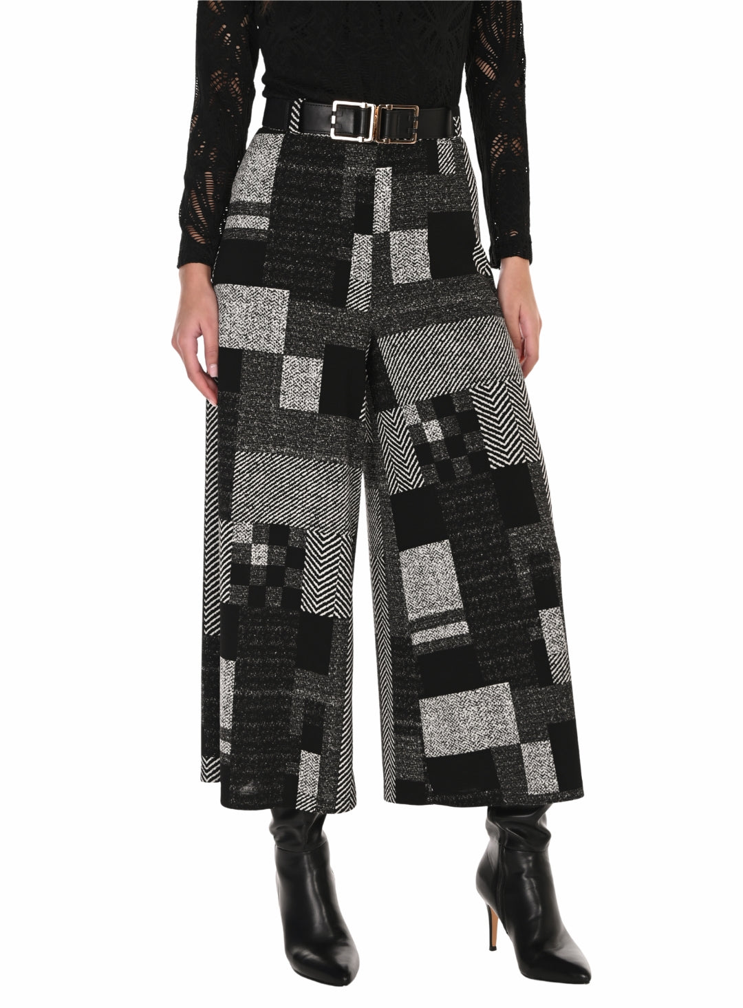 Black & White Geometric Wide-Leg Culotte Pants with Belt Detail | Elegant Wide-Leg Culotte Pants Australia