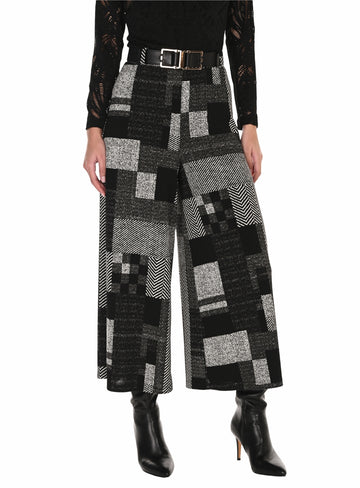Black & White Geometric Wide-Leg Culotte Pants with Belt Detail | Elegant Wide-Leg Culotte Pants Australia