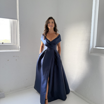 Eloisa Off Shoulder Gown Navy | Inverted Pleat Satin Formal Dress Australia