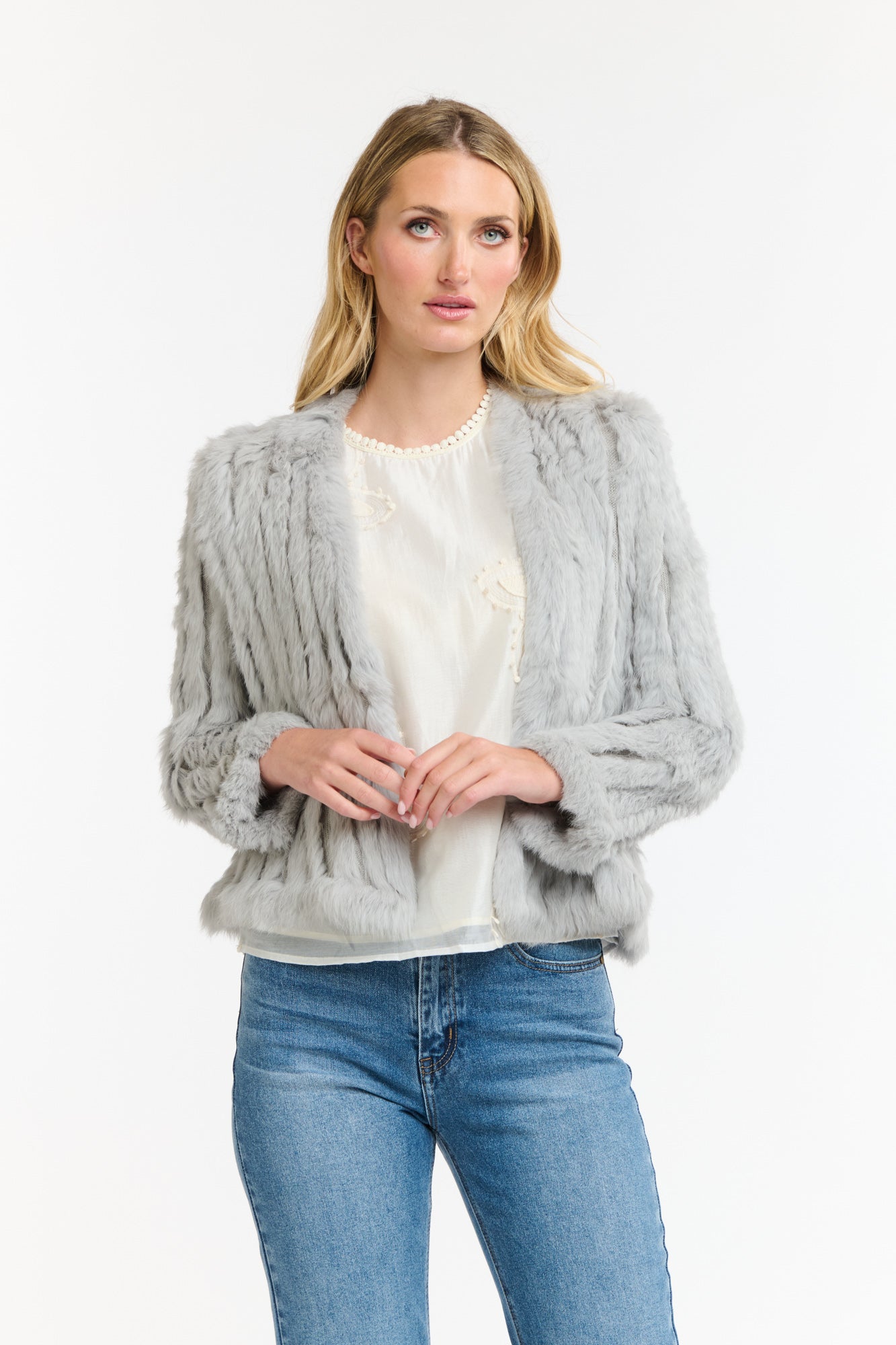 Soft grey fur jacket with jeans women Australia
