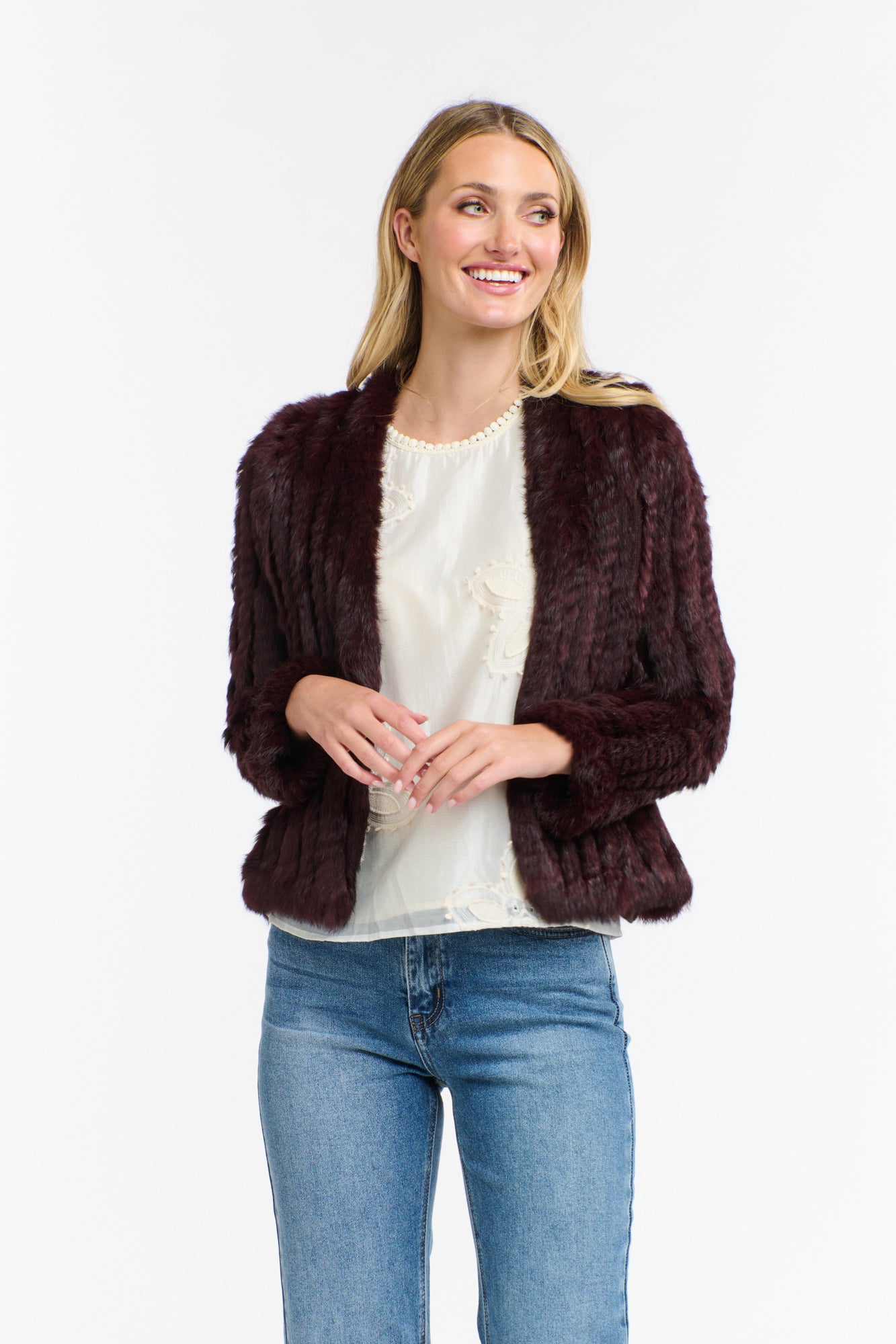 Burgundy rabbit fur short jacket for women Australia