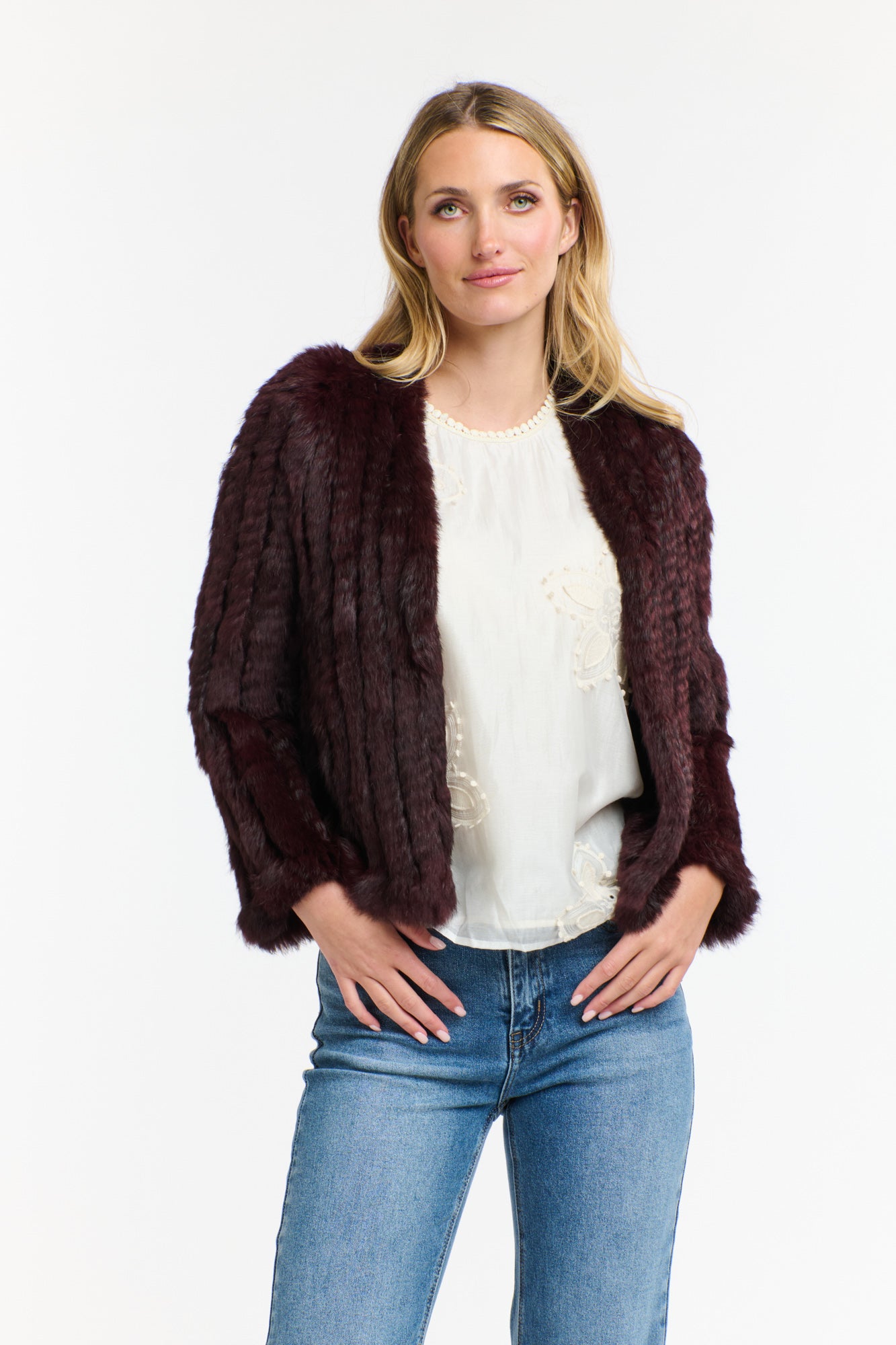 Luxury burgundy rabbit fur jacket women Showies Boutique