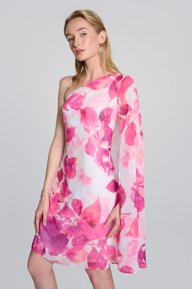 Joseph Ribkoff Chiffon Floral One Shoulder Cape Dress | Statement Occasion Dress