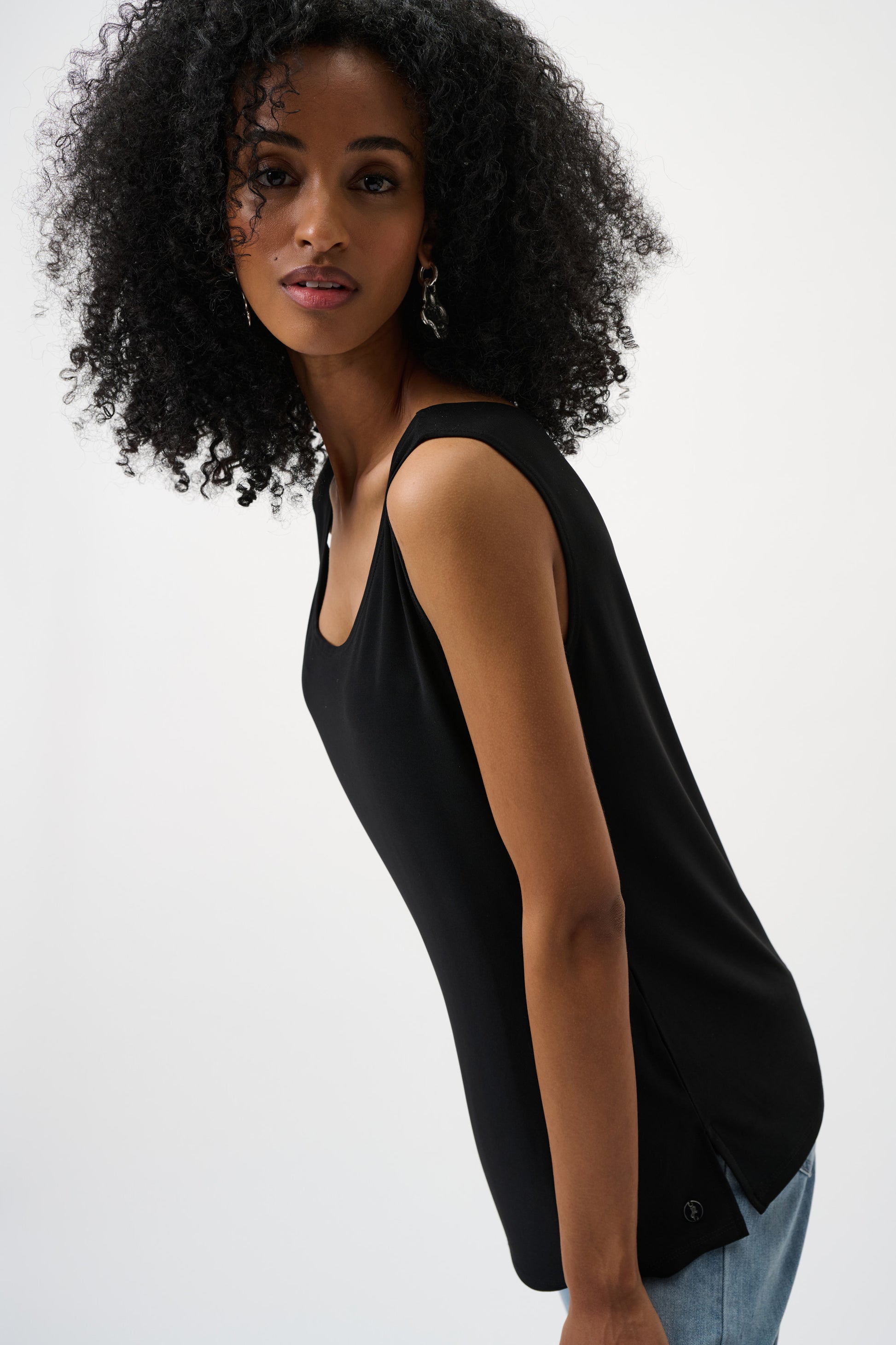 Women’s black sleeveless tank top side profile lightweight breathable summer top