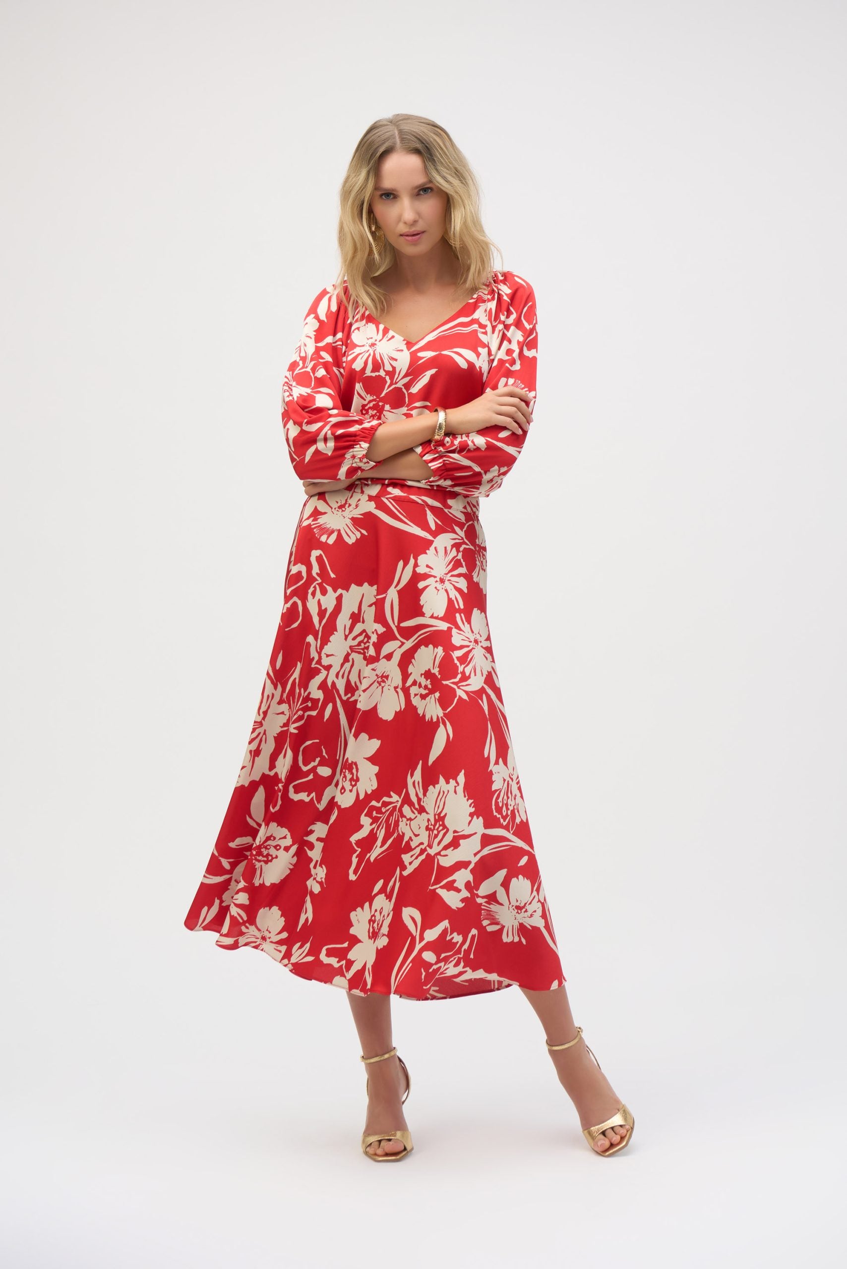 Satin Floral Print Top | Hammered Satin V Neck Blouse