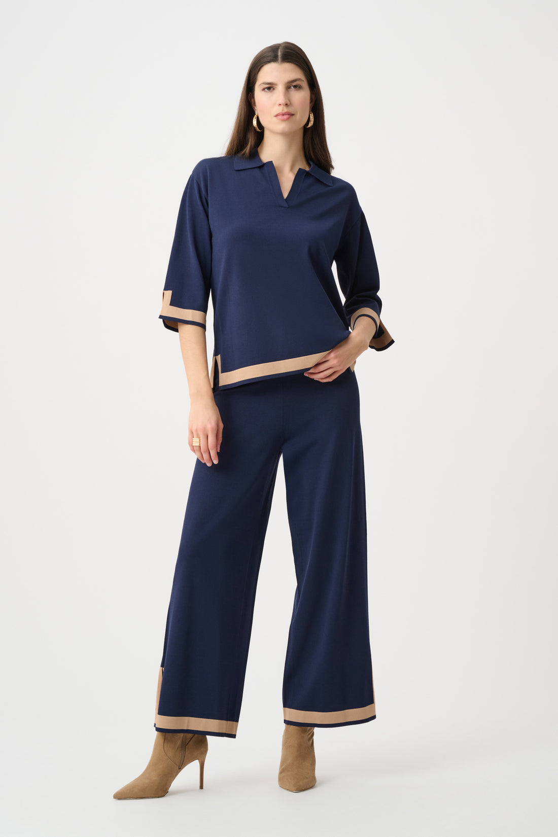 womens navy co ord set with beige trim relaxed fit top and wide leg pants outfit Australia Showies Boutique