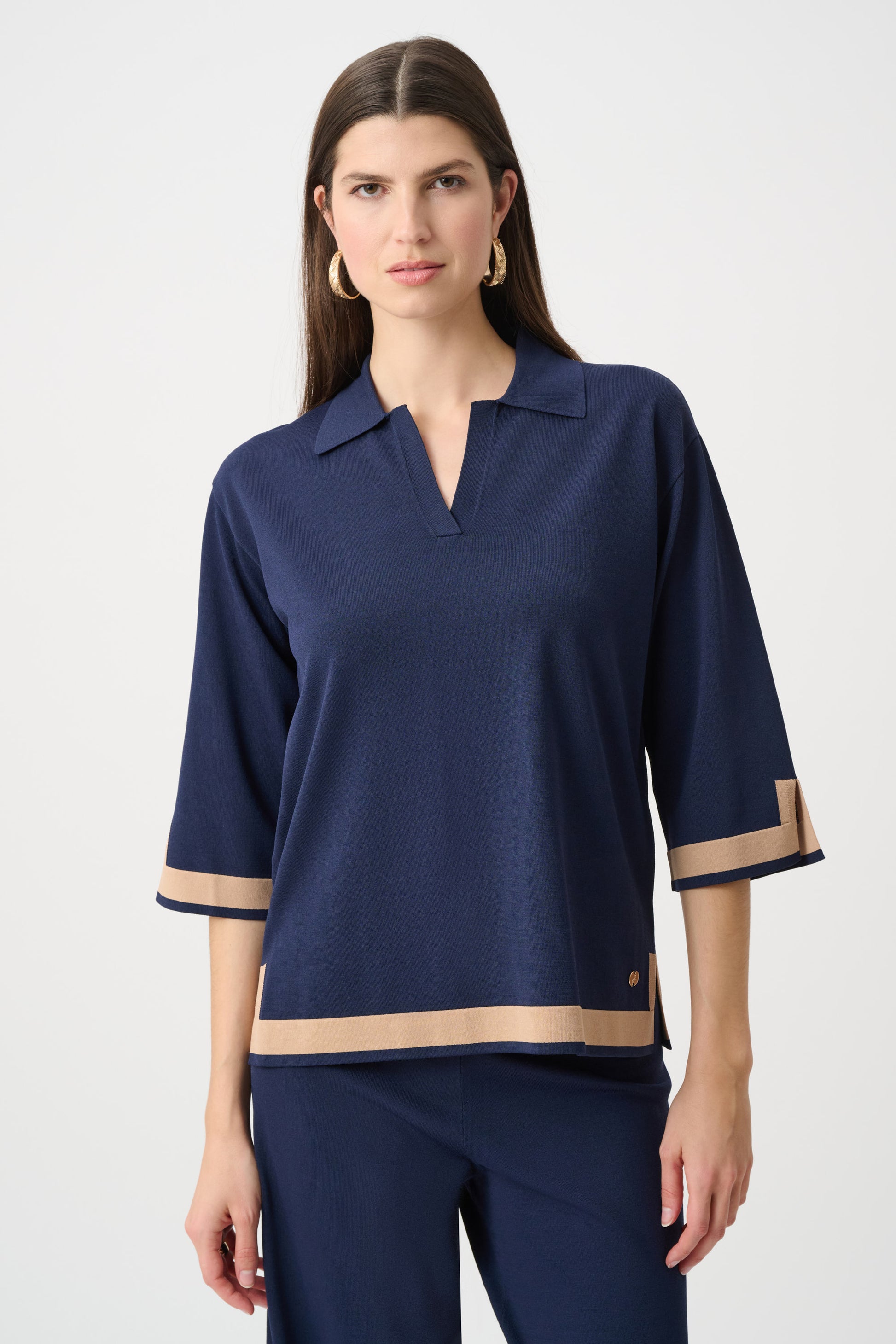 womens navy co ord top with beige trim relaxed fit collar neckline outfit Australia Showies Boutique