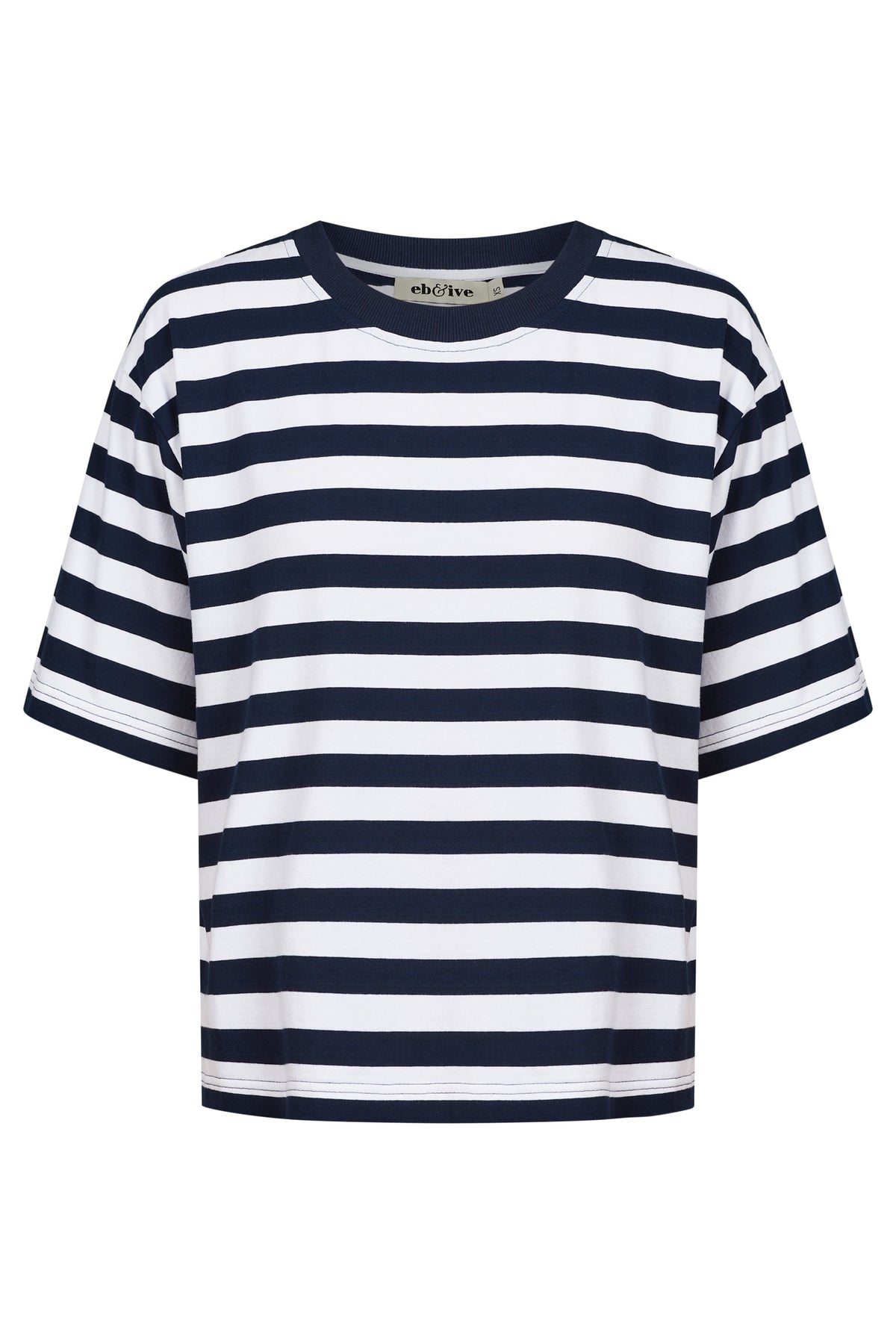 Navy and white striped relaxed short-sleeve tee.