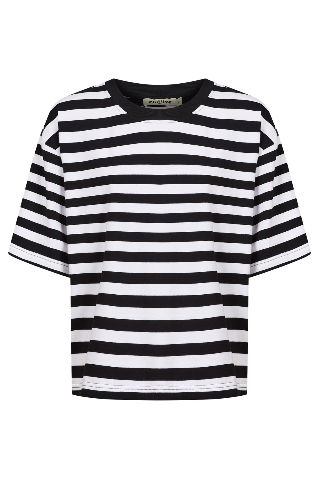 Black and white striped relaxed short-sleeve tee.