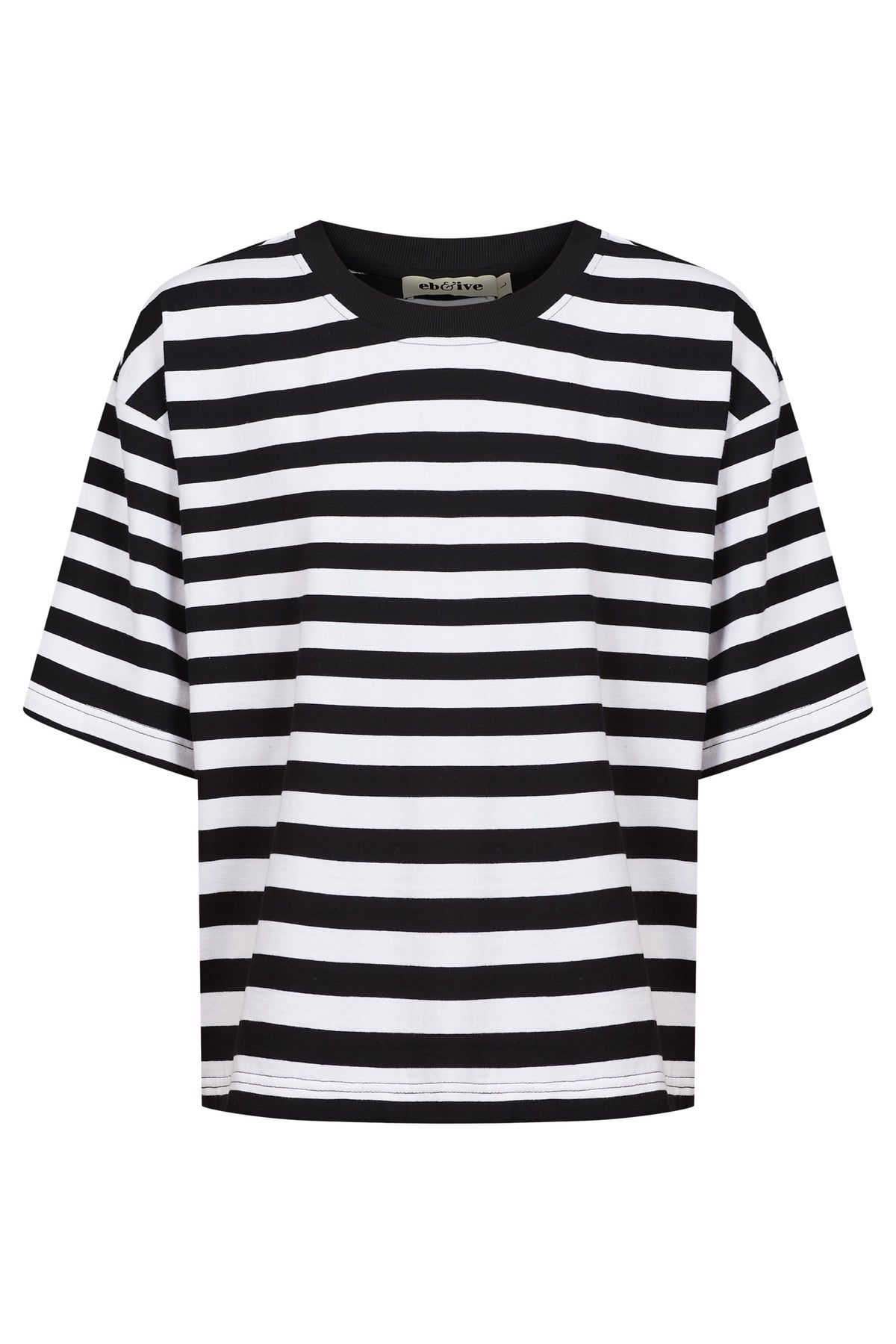 Black and white striped relaxed short-sleeve tee.