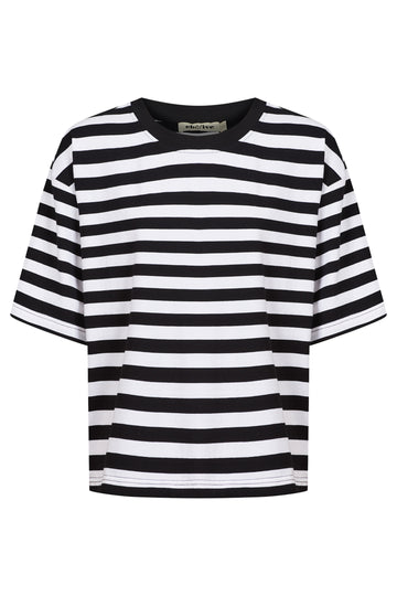 Black and white striped relaxed short-sleeve tee.
