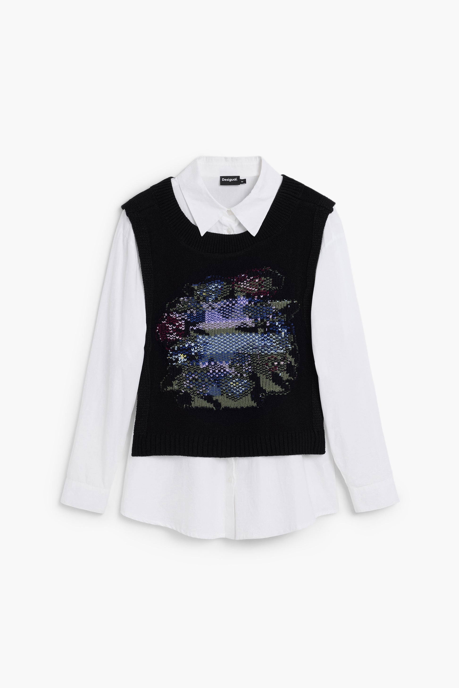 women’s 2 in 1 white shirt with black vest and floral graphic detail layered top on white background