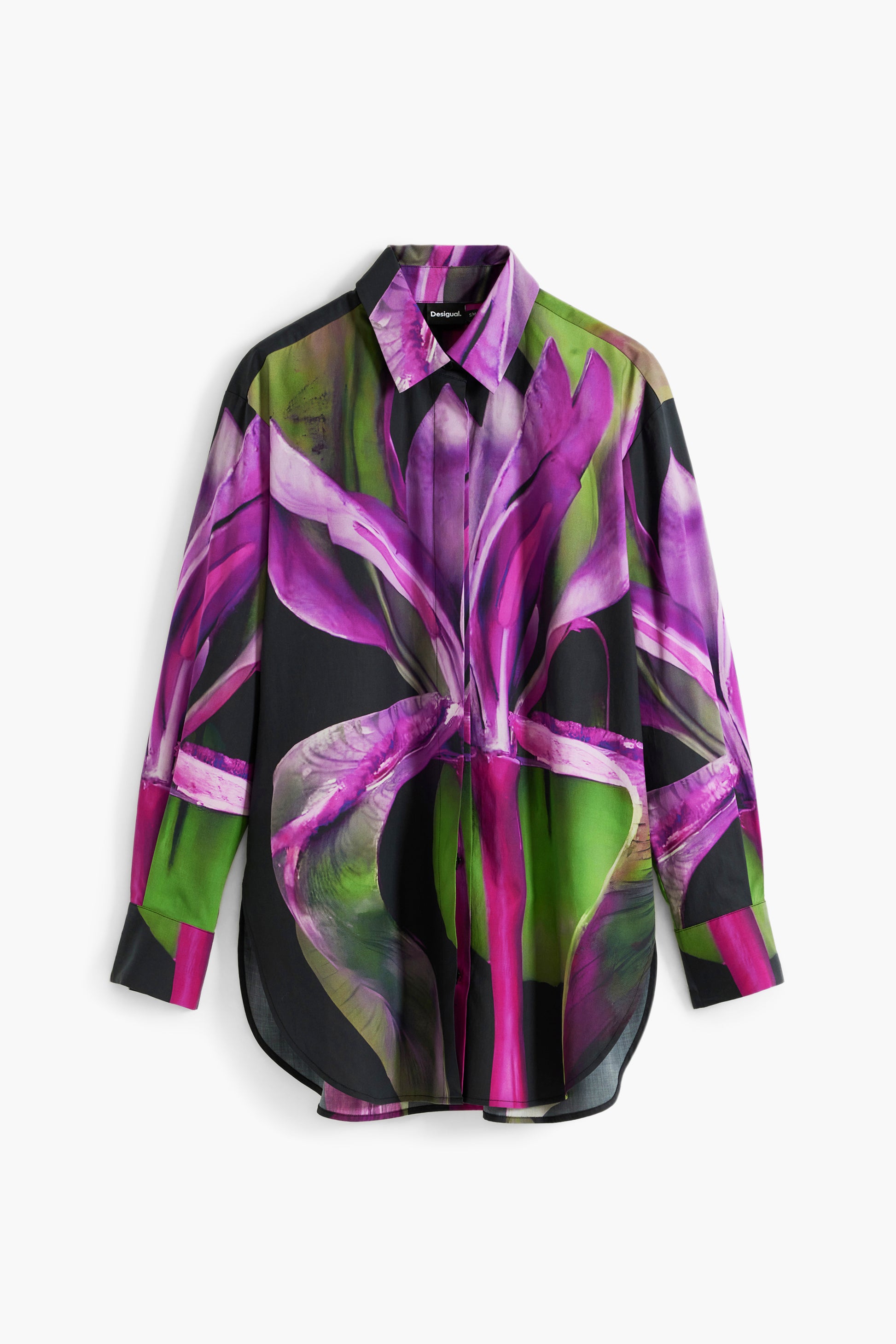 women’s fuchsia and green bold floral print shirt with button front and collar on white background