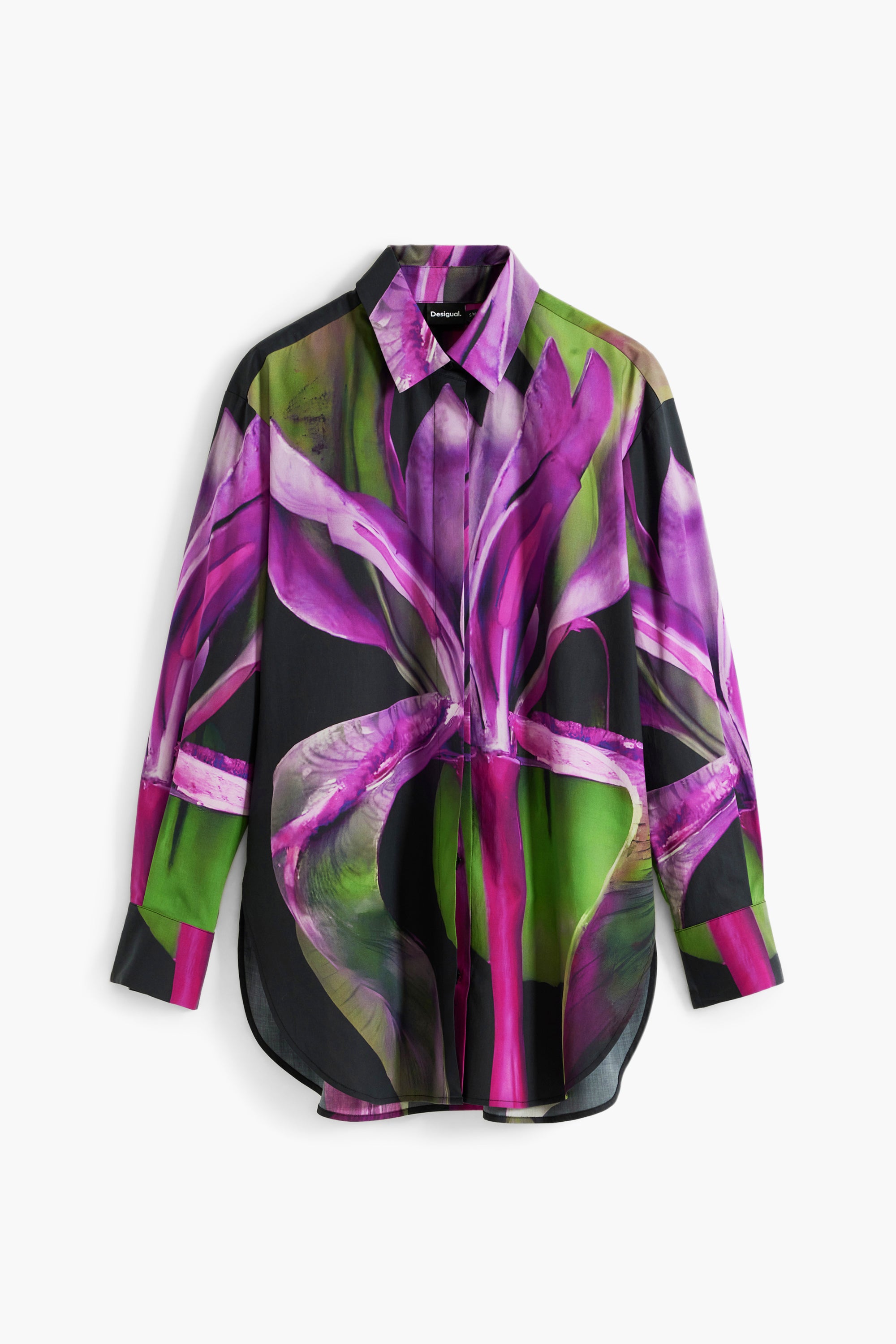 women’s fuchsia and green bold floral print shirt with button front and collar on white background