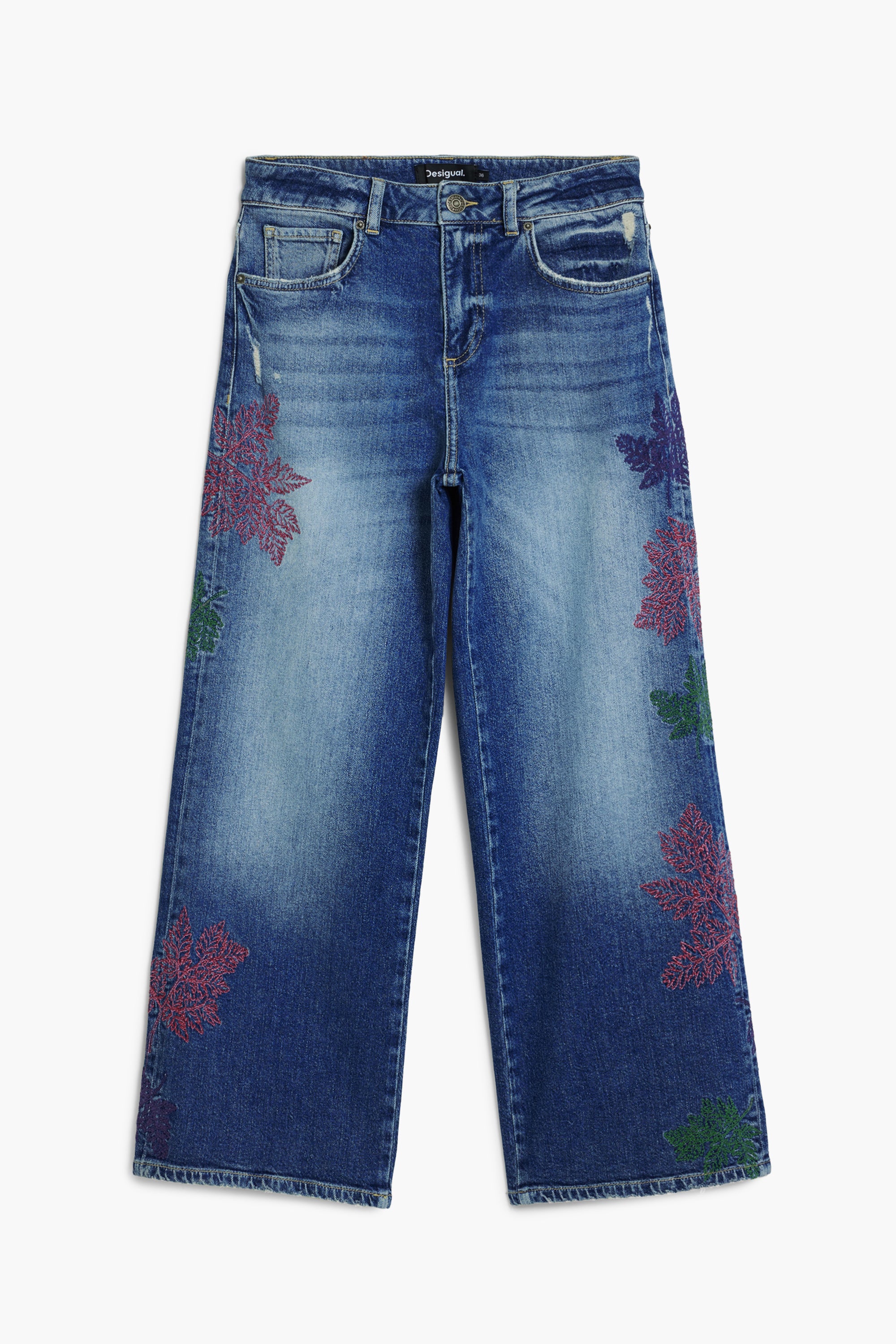 womens embroidered culotte jeans wide leg blue denim with floral pattern Australia Showies Boutique