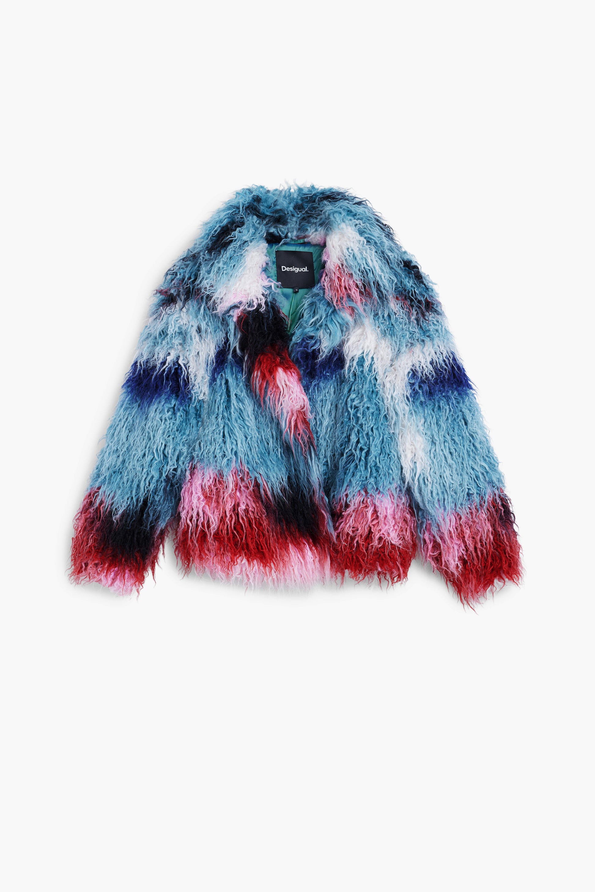women’s multicolour faux fur jacket with blue, red and white tones plush texture on white background