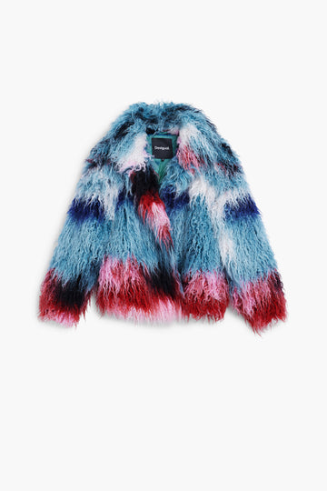 women’s multicolour faux fur jacket with blue, red and white tones plush texture on white background
