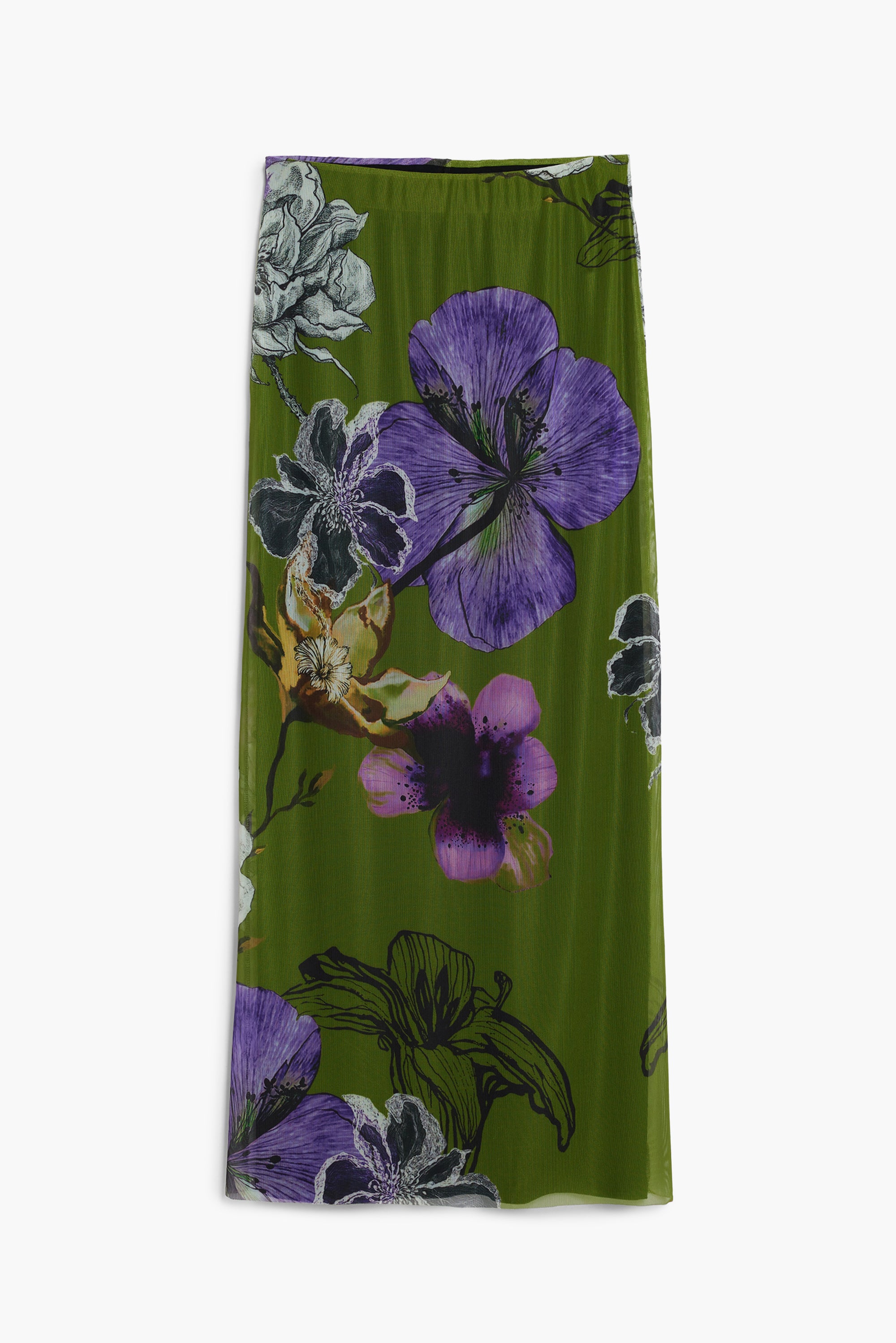 Green floral midi skirt with bold purple flower print on a white background
