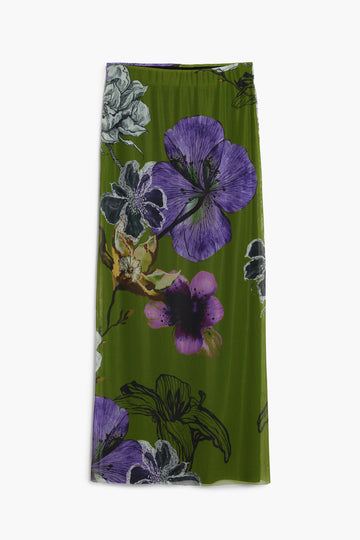 Green floral midi skirt with bold purple flower print on a white background