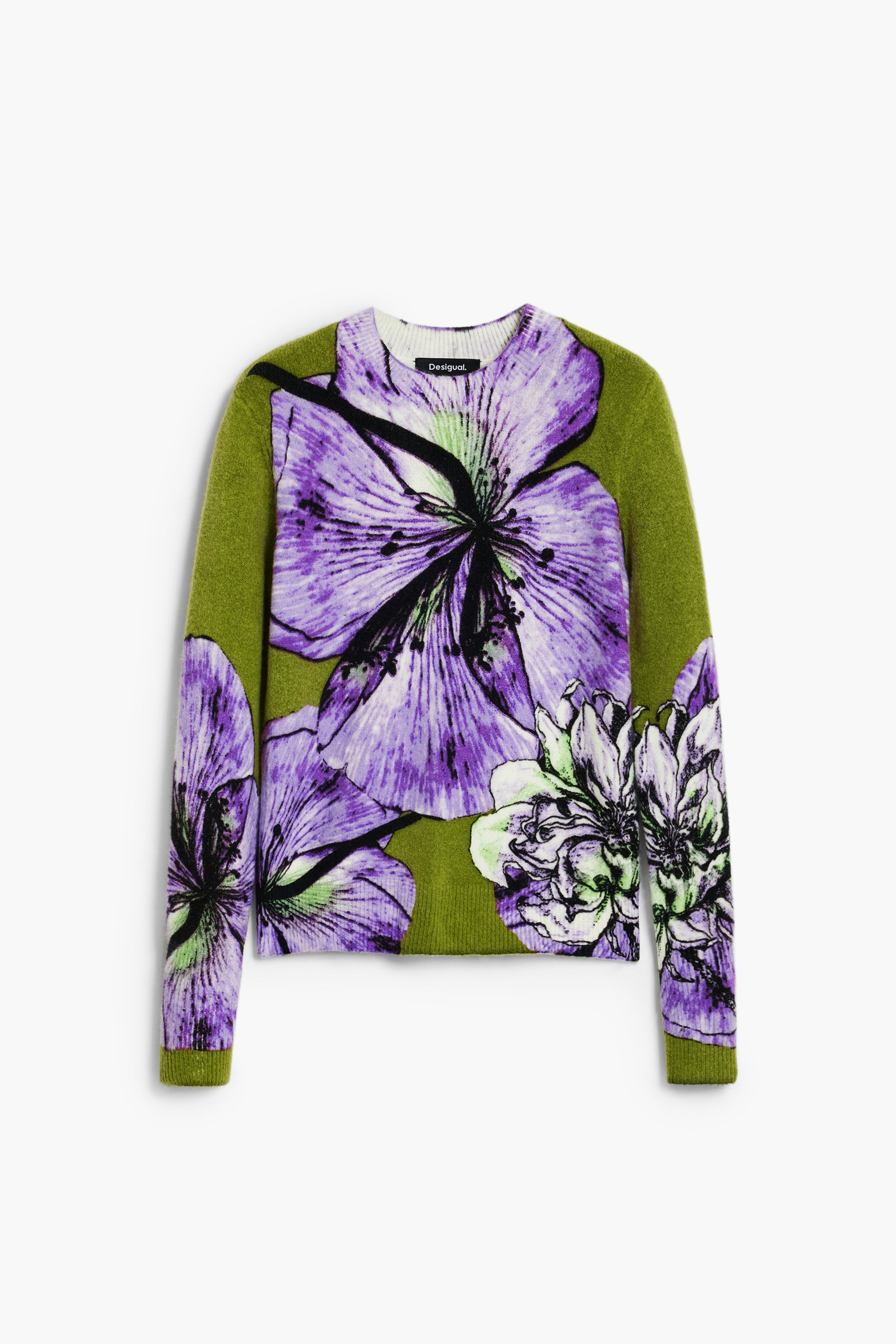 women’s green jumper with large purple floral print long sleeve sweater on white background