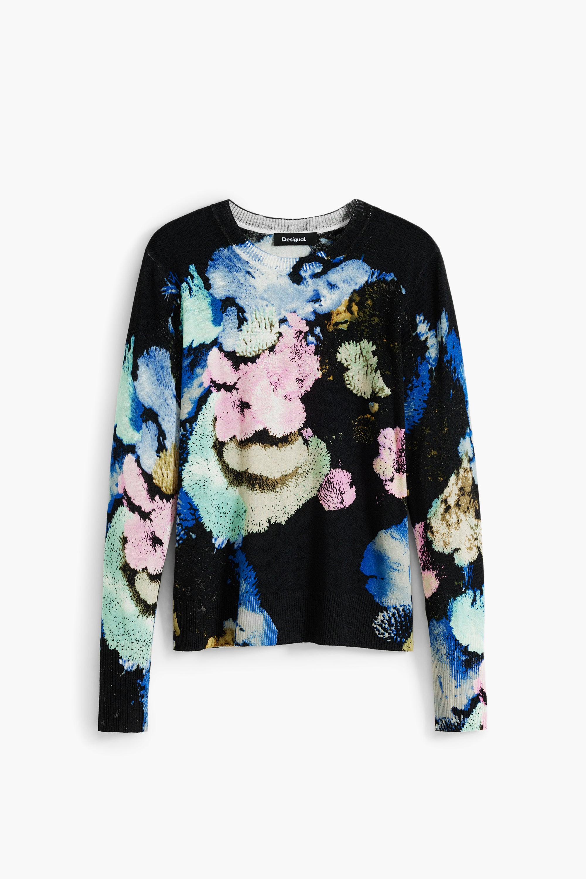 women’s black crewneck sweater with colorful abstract floral print long sleeve knit on white background