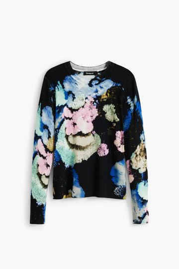 women’s black crewneck sweater with colorful abstract floral print long sleeve knit on white background