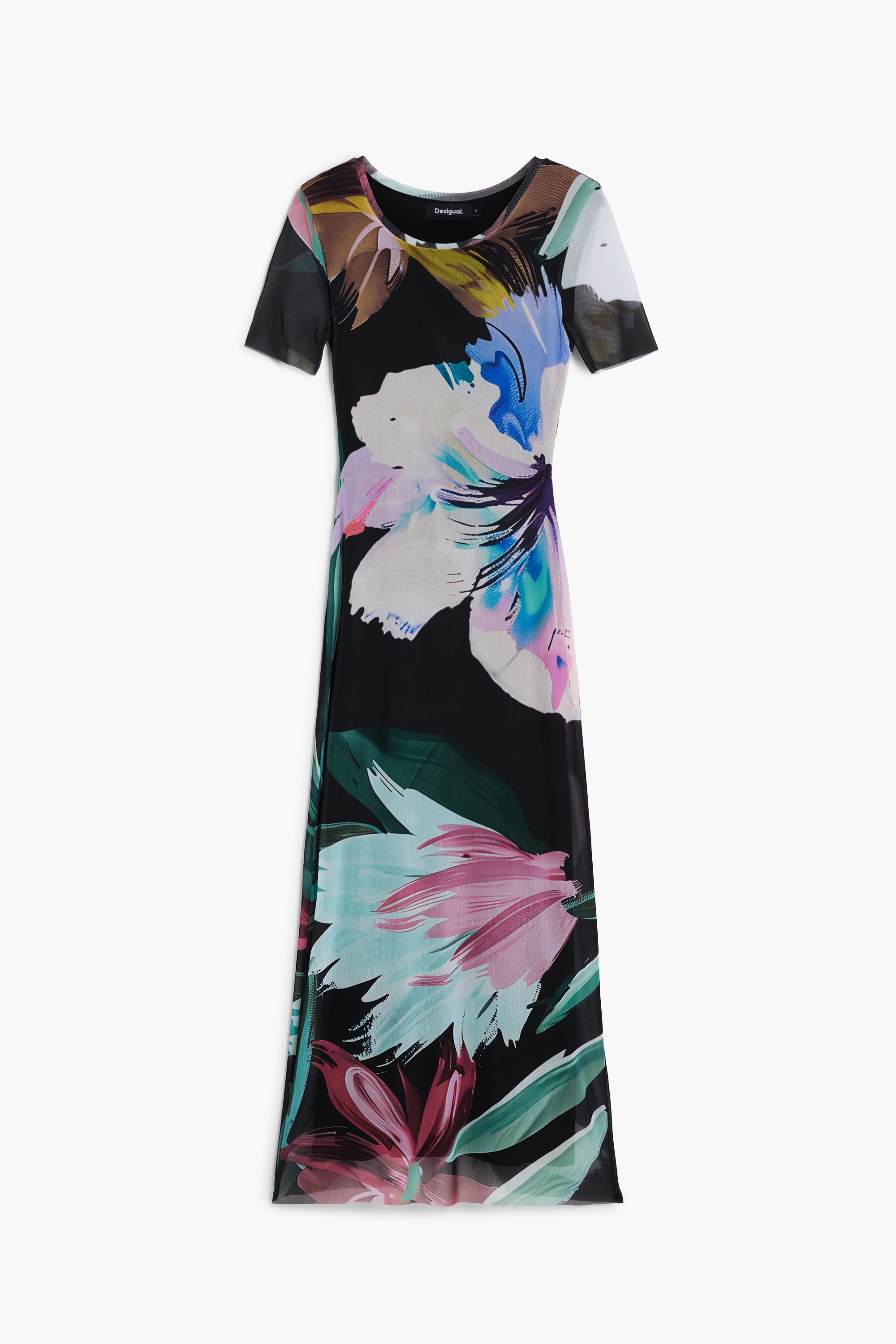 Black floral print mesh maxi dress with vibrant multicolor design on a white background