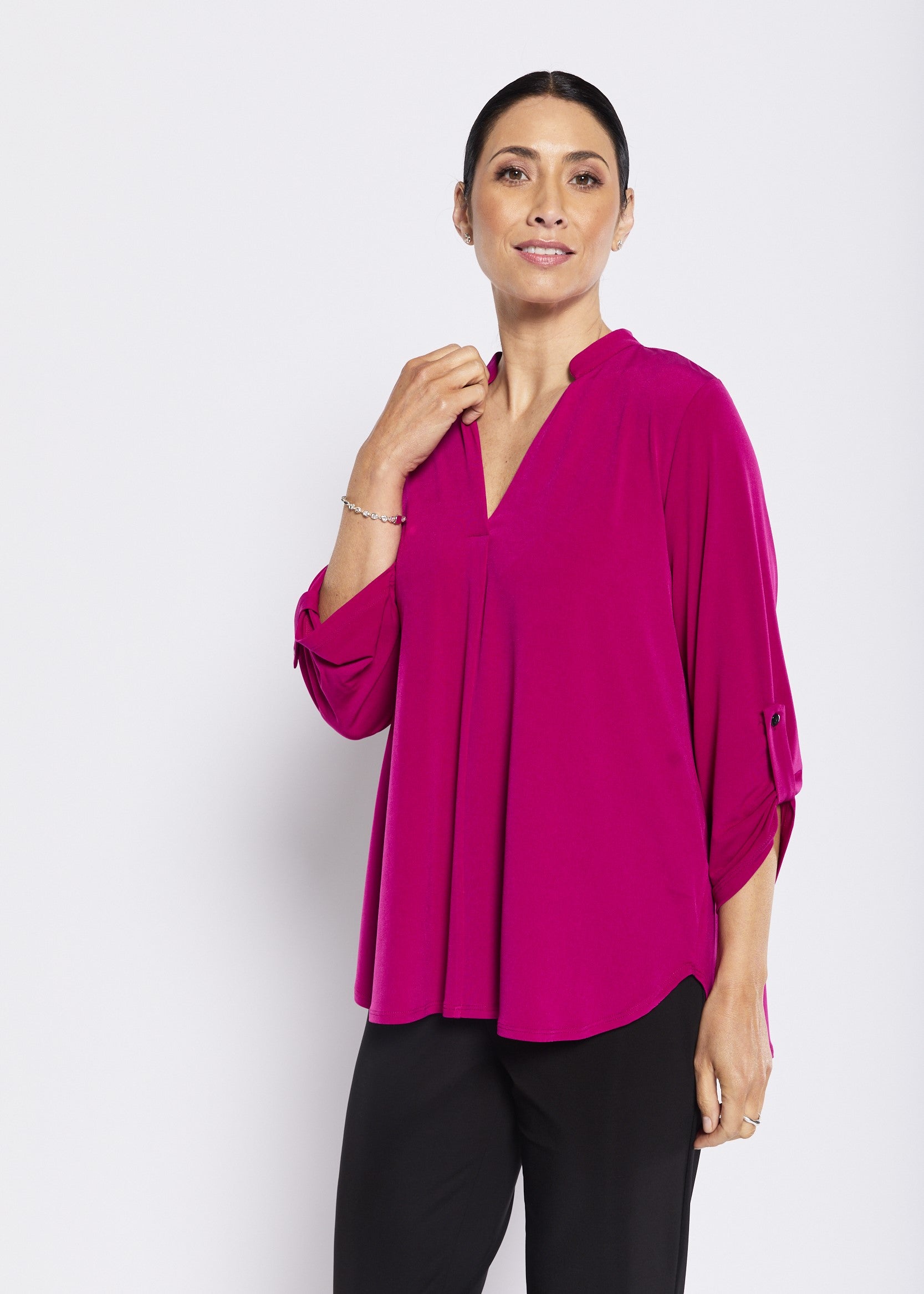 Kafton V-neck top fuchsia slinky jersey relaxed blouse