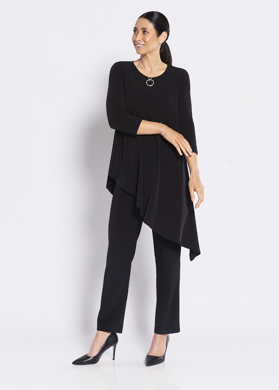 Pippet asym tunic set black 3/4 sleeve tunic and pant set