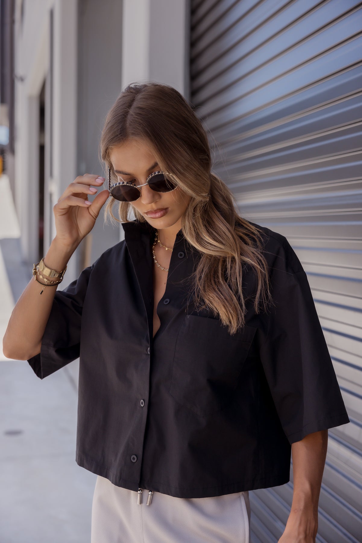 Black relaxed fit cotton shirt women casual VON shirt