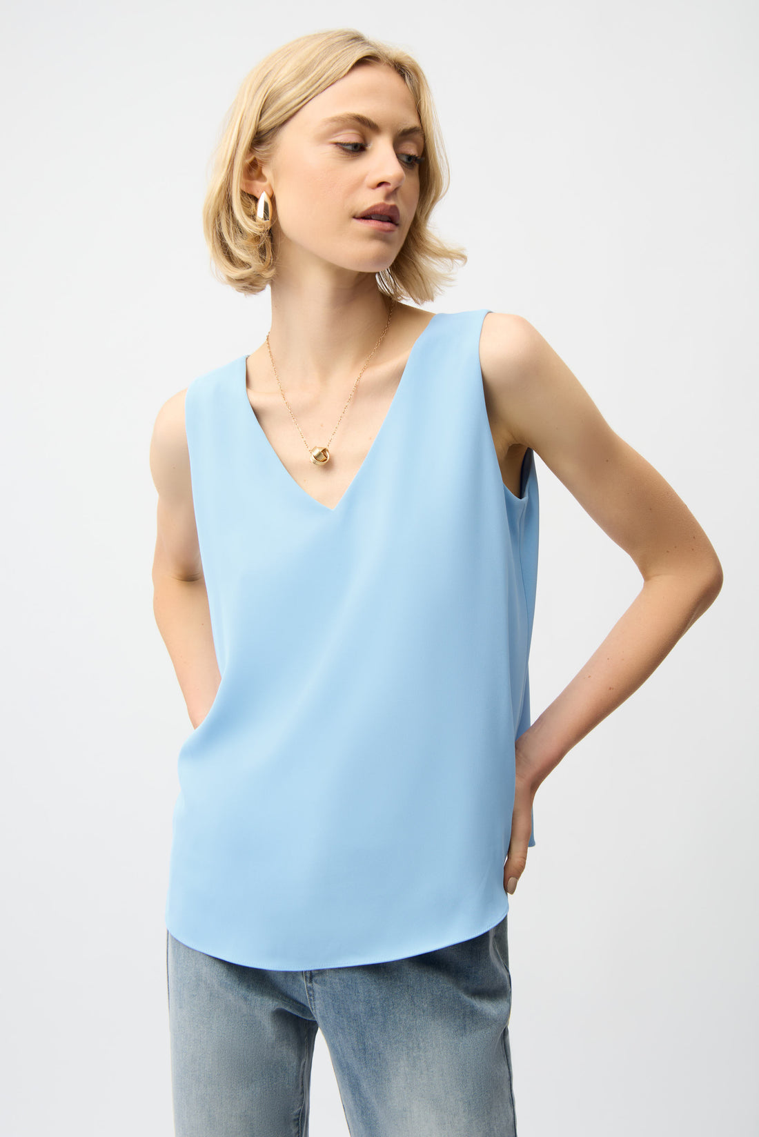 Woven Twill Sleeveless Straight Top with V Neckline | Structured Workwear Tank Australia