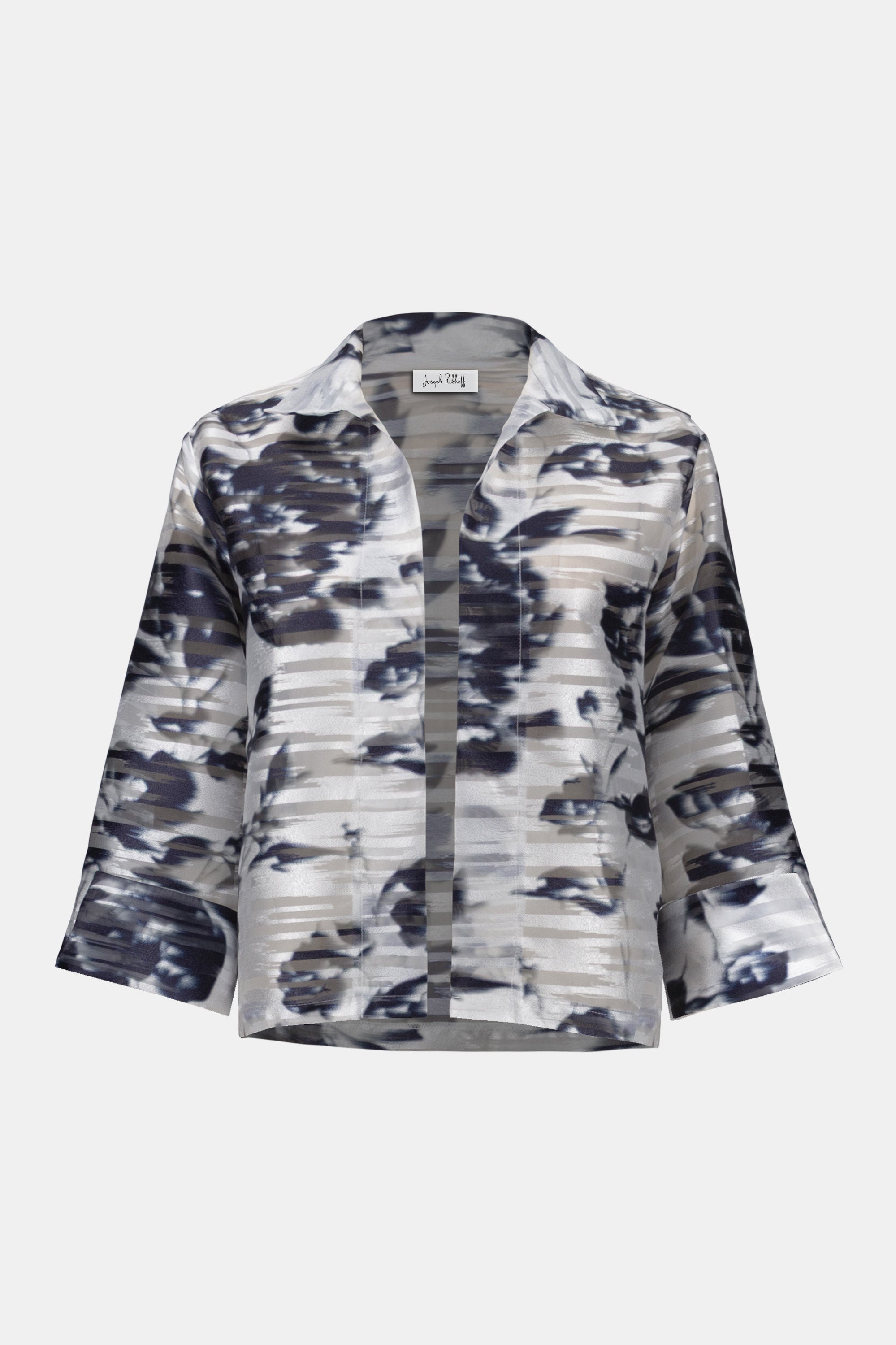 Front view of blue and white abstract print jacket with structured collar and three-quarter sleeves, isolated product image on white background
