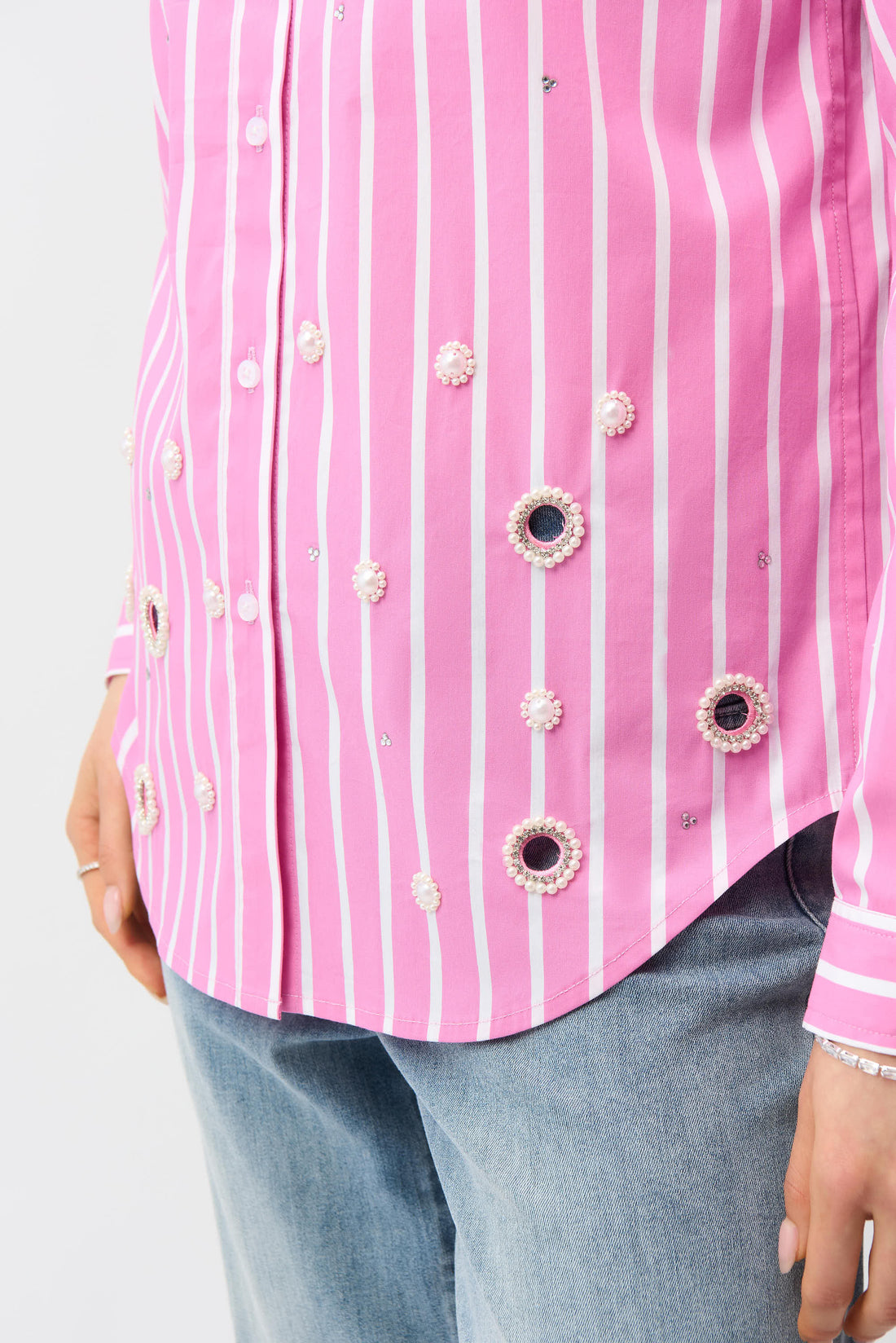 Stretch Cotton Stripe Print Boxy Blouse With Rhinestones | Embellished Stripe Shirt Australia