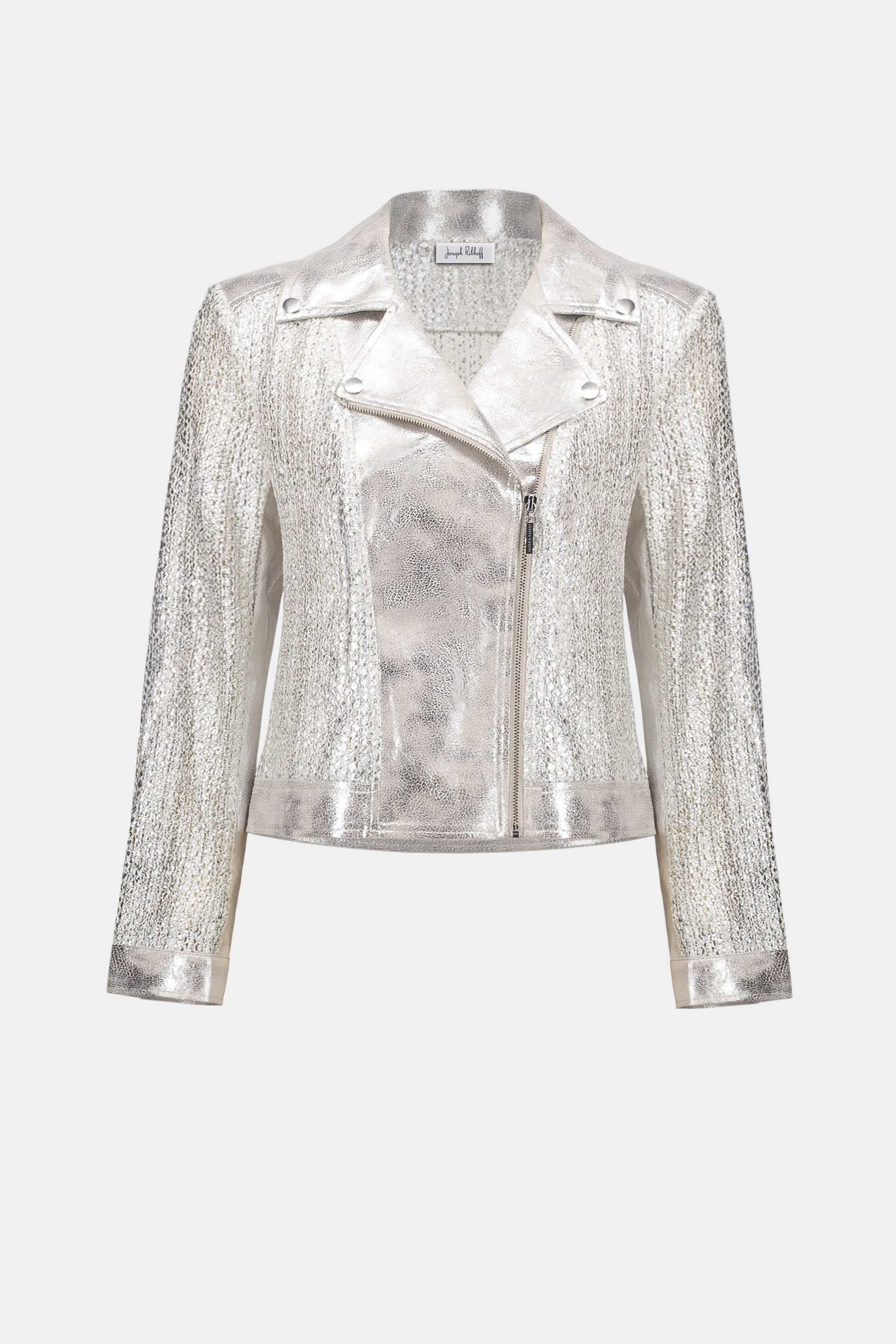 Silver metallic textured biker jacket product image featuring zip closure, lapels, and contemporary design.