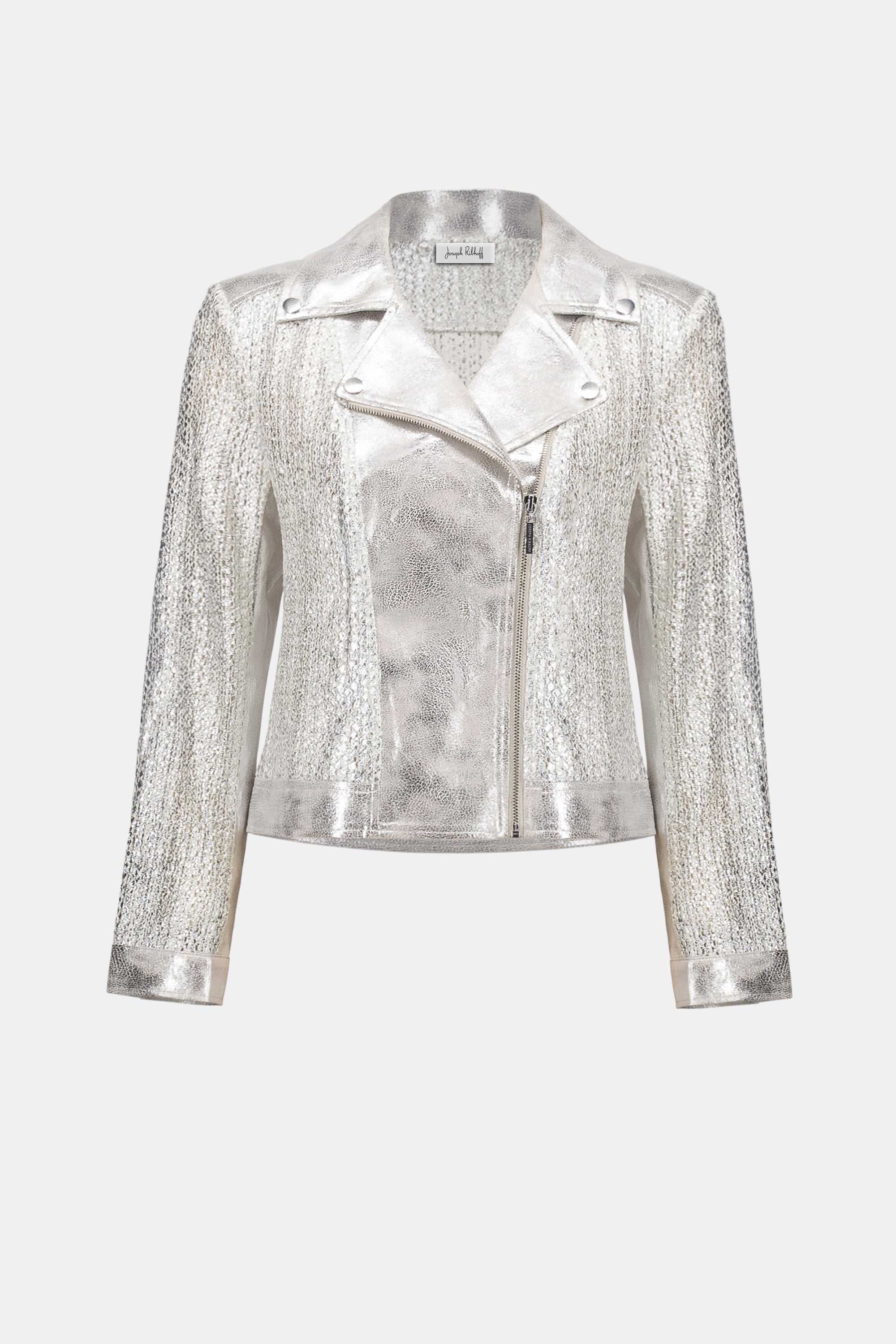 Silver metallic textured biker jacket product image featuring zip closure, lapels, and contemporary design.